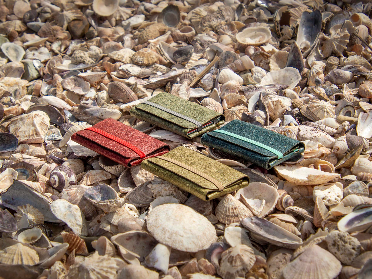 An image featuring four wallets in our four distinct colors, laid out on a sandy beach with mussel shells, showcasing the variety of options we provide.